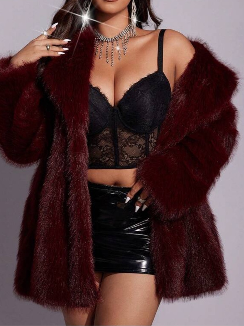 Luxe Classic Black Faux Fur Lapel Neck Open Front Coat Jacket New